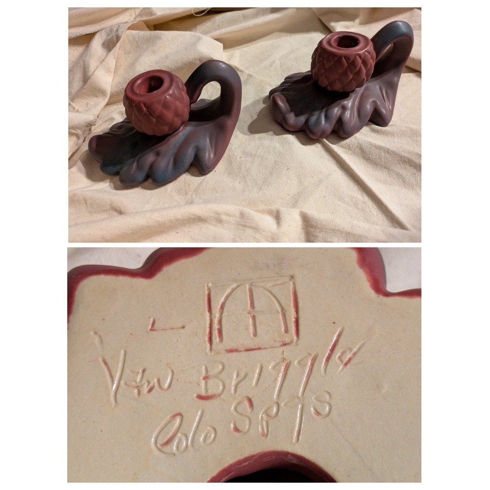 Pair Of Van Briggle Pottery Acorn Leaf Candle Holder Handle Matte Purple 7x 4 in